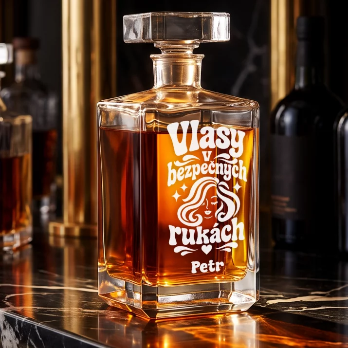 Personalizovaná Karafa Na Whisky Pro Kadeřníka Dárek Pro Muže: Vlasy V Bezpečných Rukách Personalizovaná Karafa Na Whisky Pro Kadeřníka Dárek Pro Muže: Vlasy V Bezpečných Rukách
