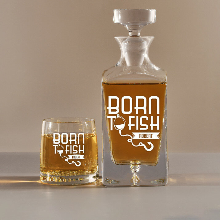 Born to fish - Skleněná karafa na whisky + sklenice