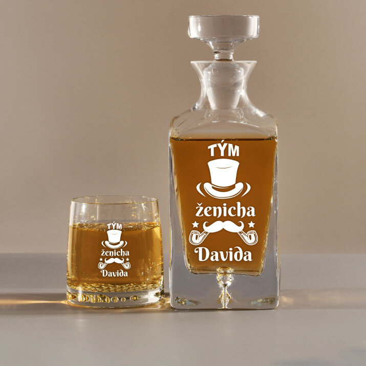 Tým ženicha - Skleněná karafa na whisky + sklenice