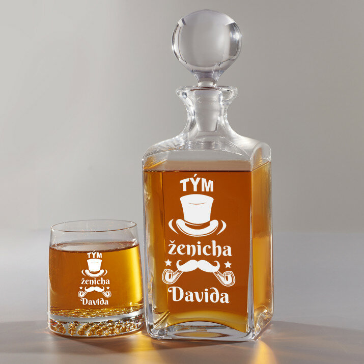 Tým ženicha - Skleněná karafa na whisky + sklenice