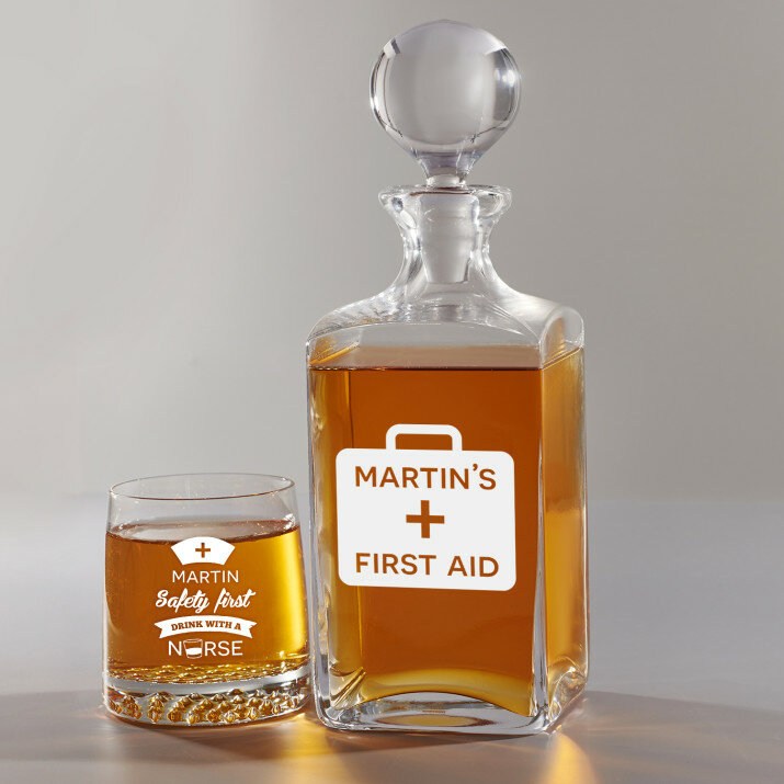 First Aid - Skleněná karafa na whisky + sklenice