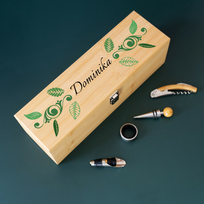 Floral - Dřevěná krabička na víno s příslušenstvím