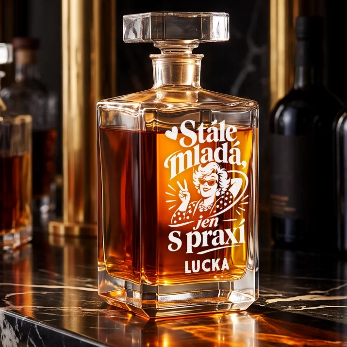 Personalizovaná Karafa Na Whisky Pro 70Letou Ženu Dárek K 70 Narozeninám Pro Ženu: Stále Mladá, Jen S Praxí