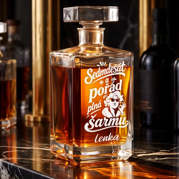 Personalizovaná Karafa Na Whisky Pro 70Letou Ženu Dárek K 70 Narozeninám Pro Ženu: Sedmdesát A Pořád Plná