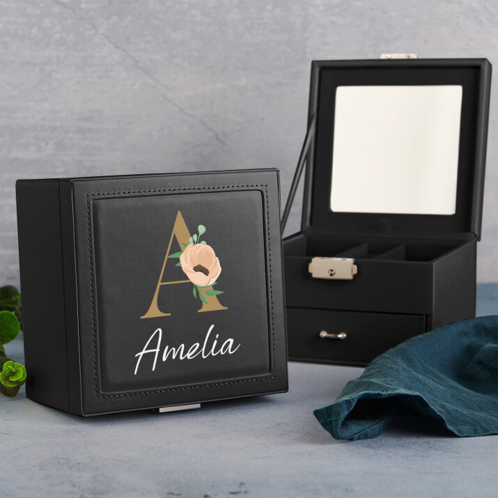 iniciály jméno květy - Černá šperkovnice se zrcátkem