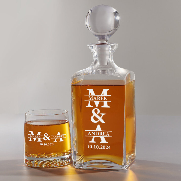 Iniciála se jménem pro pár - Skleněná karafa na whisky + sklenice