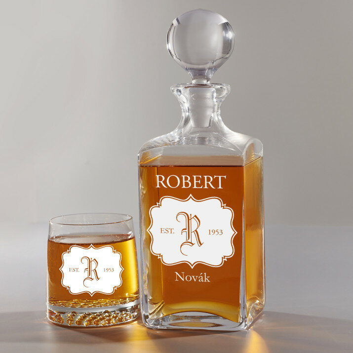 Iniciála - Skleněná karafa na whisky + sklenice