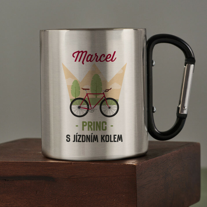 Princ s jízdním kolem - Ocelový hrnek s karabinou