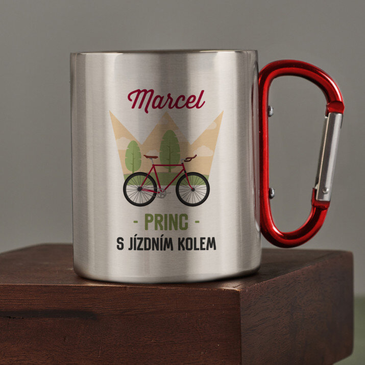 Princ s jízdním kolem - Ocelový hrnek s karabinou Princ s jízdním kolem - Ocelový hrnek s karabinou