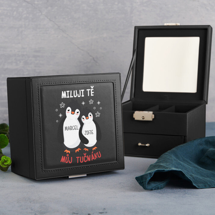 Můj tučnáček - Černá šperkovnice se zrcátkem Můj tučnáček - Černá šperkovnice se zrcátkem