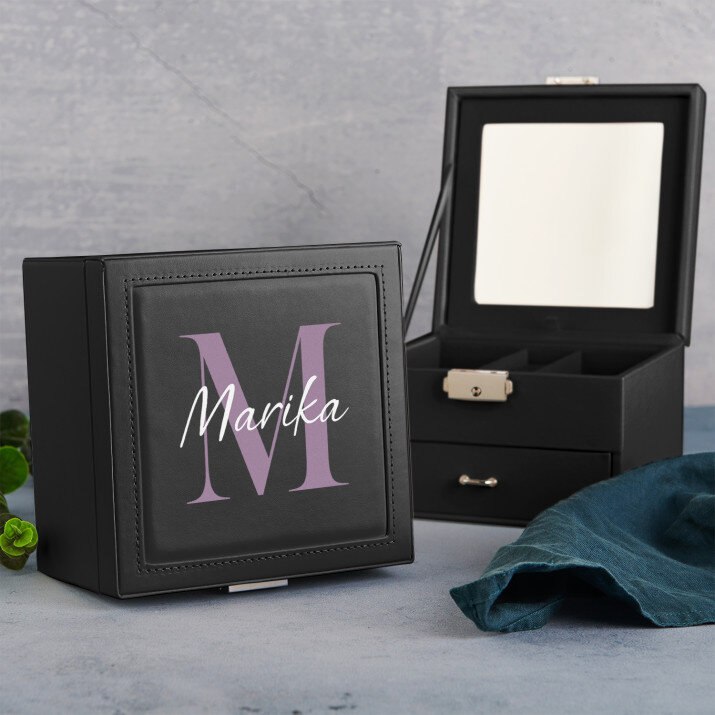 Monogram jméno elegantní - Černá šperkovnice se zrcátkem