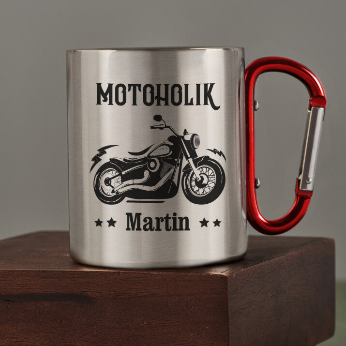 Motoholik - Ocelový hrnek s karabinou Motoholik - Ocelový hrnek s karabinou