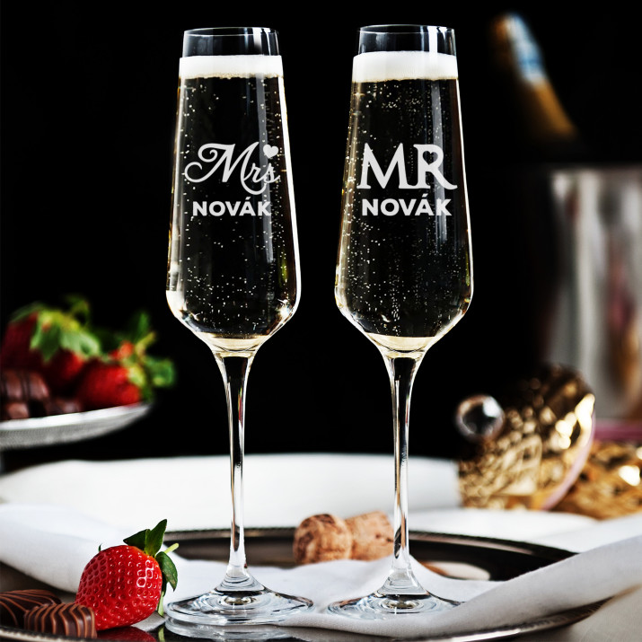 Mr&Mrs - Dvě gravírované sklenice na šampaňské