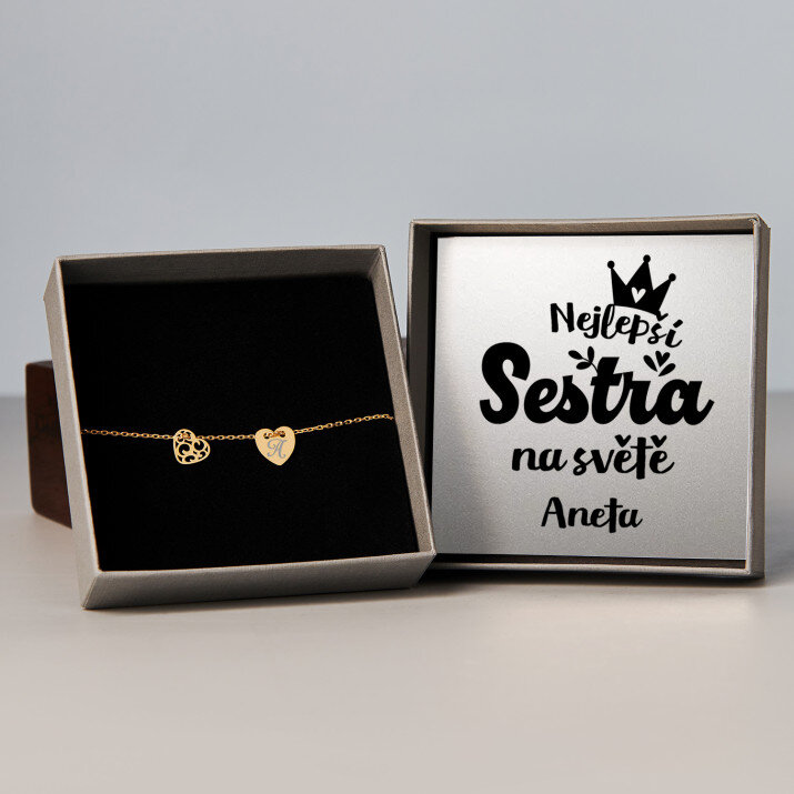 Nejlepší sestra na světě koruna - Pozlacený náramek se dvěma srdíčky