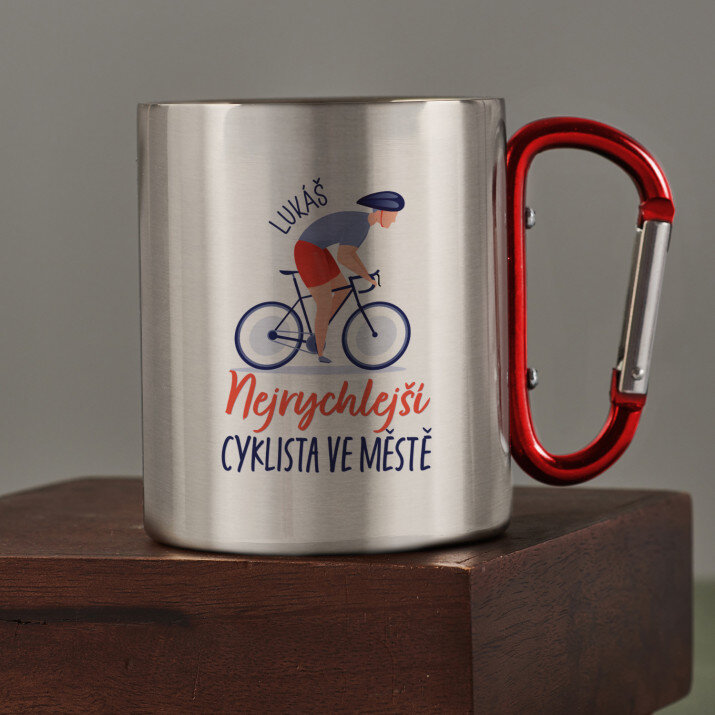 Nejrychlejší cyklista ve městě - Ocelový hrnek s karabinou Nejrychlejší cyklista ve městě - Ocelový hrnek s karabinou
