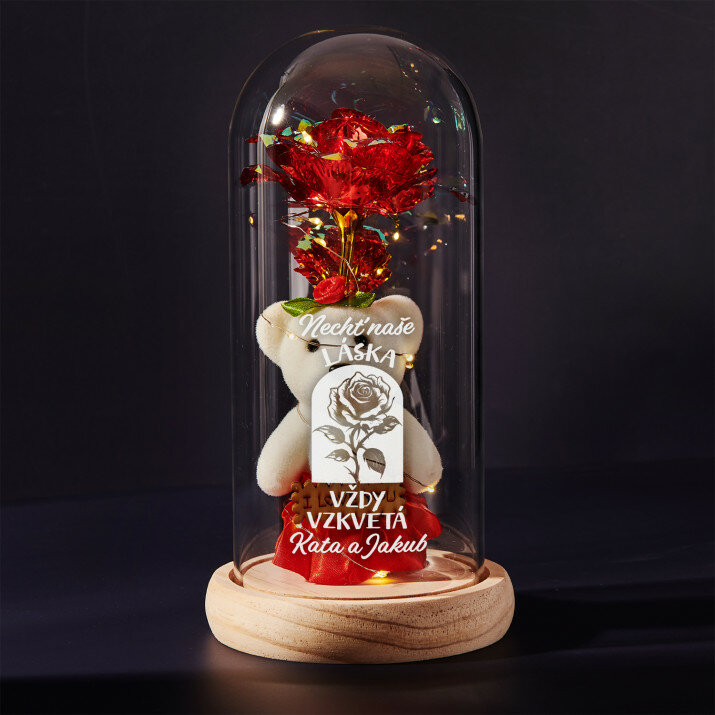 Ať je naše láska - Věčná růže s plyšákem Ať je naše láska - Věčná růže s plyšákem