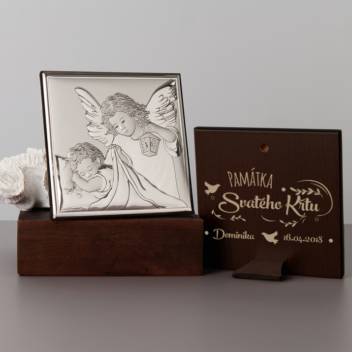 památka křtu - Andílek s lucernou - Střibrný obrázek s gravírováním