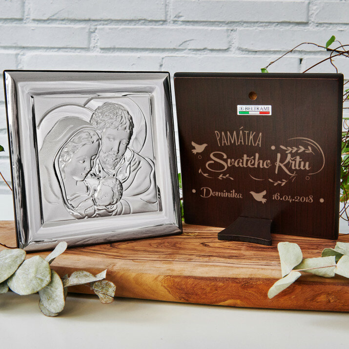 památka křtu - Svatá rodina - čtverec- Střibrný obrázek s gravírováním