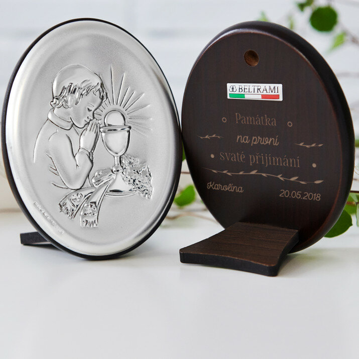 památka první sv. přijímání - Chlapec- Střibrný obrázek s gravírováním