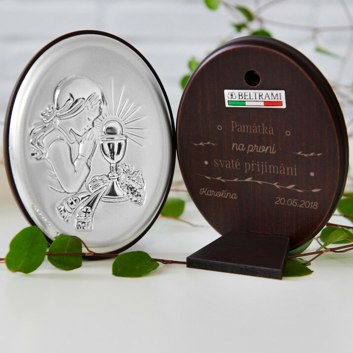 památka na první svaté přijímání - Holčička - Střibrný obrázek s gravírováním