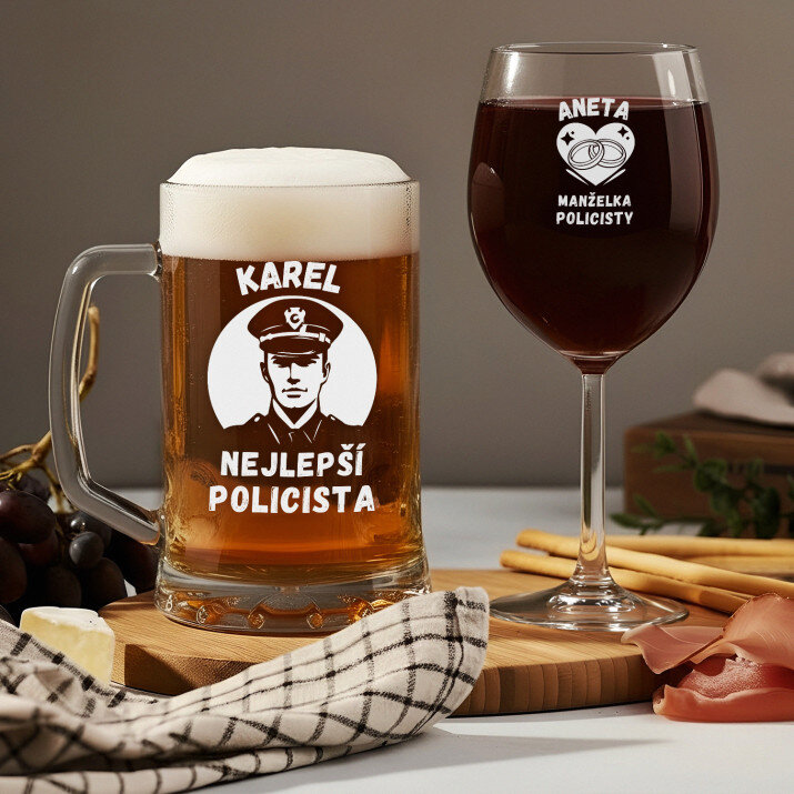 Policista, manželka policisty - Sada krýgl a sklenice na víno