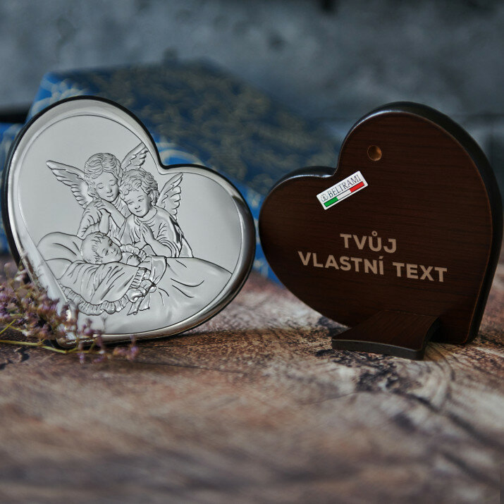 Vlastní projekt - Anděle nad dítětem srdce - Střibrný obrázek s gravírováním