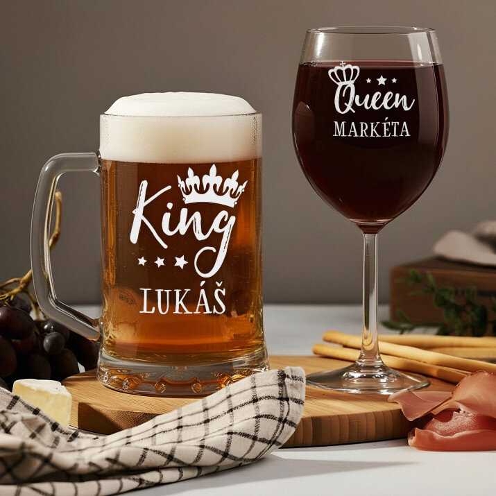 Queen, king - Sada krýgl a sklenice na víno