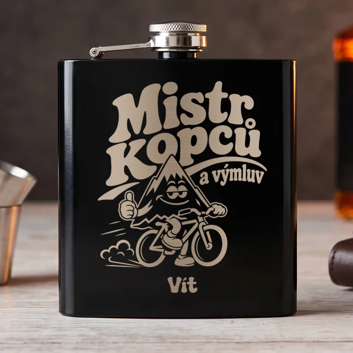 Placatka S Gravírováním Pro Cyklistu Dárek Pro Muže: Mistr Kopců A Výmluv Placatka S Gravírováním Pro Cyklistu Dárek Pro Muže: Mistr Kopců A Výmluv