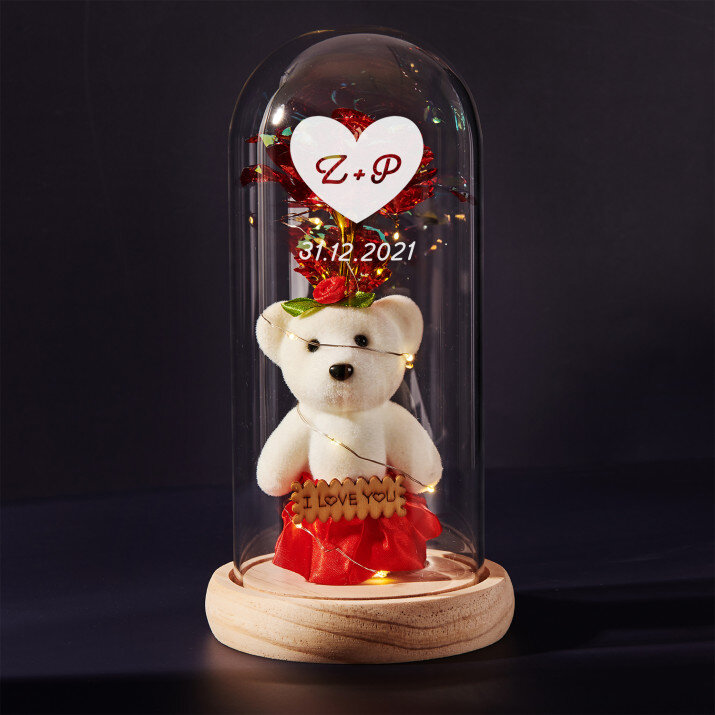 Srdce + datum - Věčná růže s plyšákem