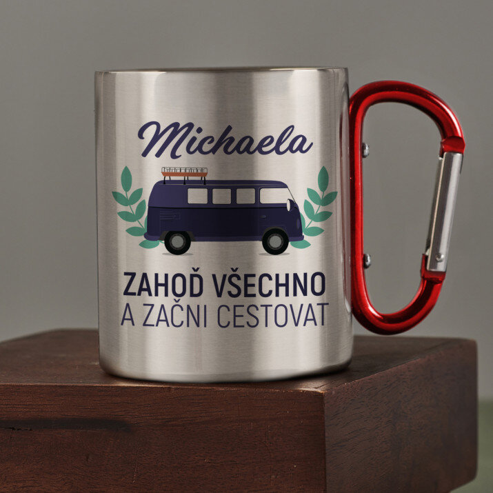 Začni cestovat - Ocelový hrnek s karabinou Začni cestovat - Ocelový hrnek s karabinou