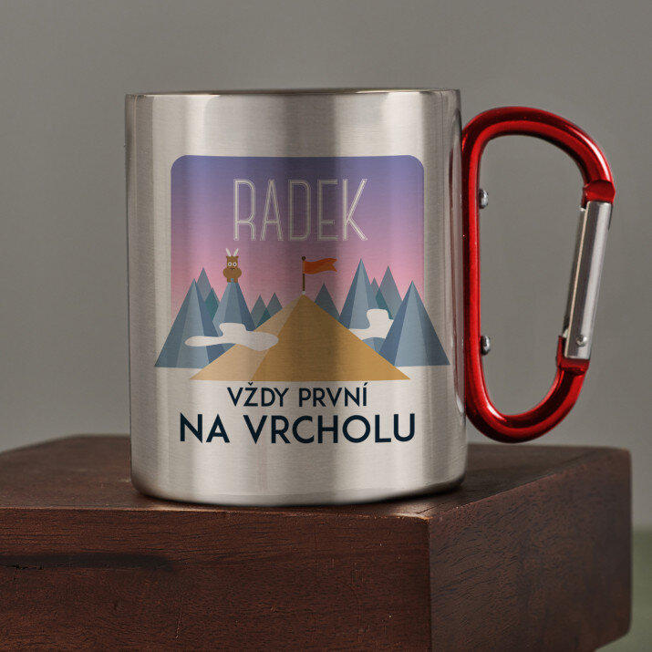 vždy první na vrcholu - Ocelový hrnek s karabinou vždy první na vrcholu - Ocelový hrnek s karabinou
