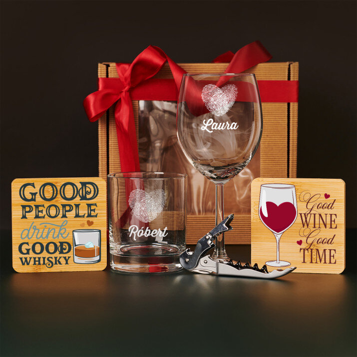 Dárková sada milostní se sklenicí na víno a sklenicí na whisky
