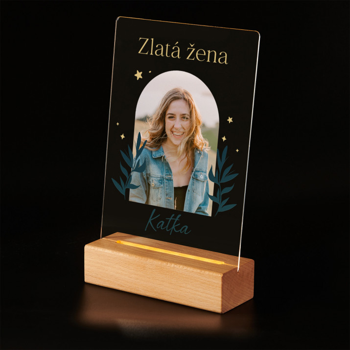 Zlatá žena - Tisk na akrylovém skle stojan LED