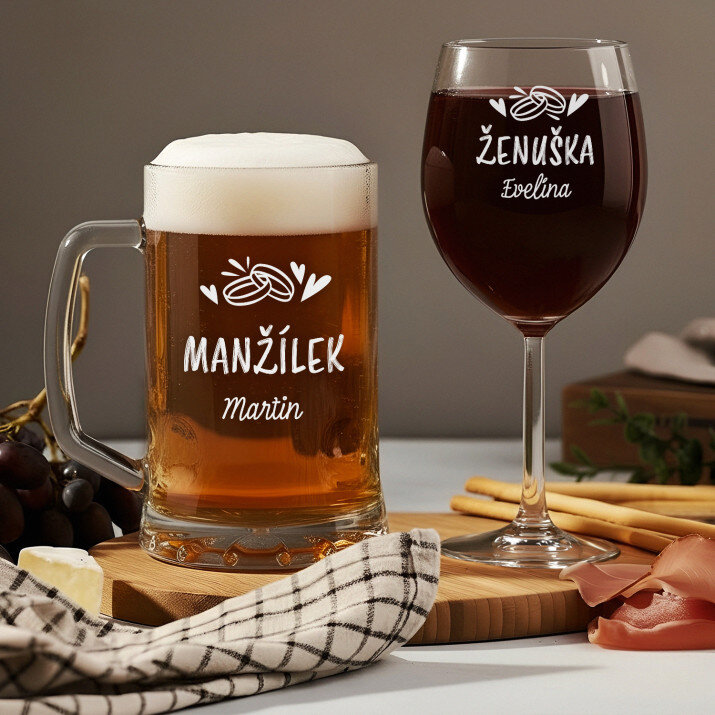 Ženuška a manžílek - Sada krýgl a sklenice na víno Ženuška a manžílek - Sada krýgl a sklenice na víno